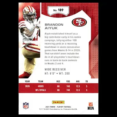 Brandon Aiyuk 2021 Panini Playoff Football #189 San Francisco 49ers Card