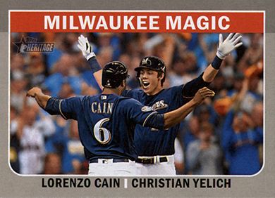 2019 Topps Heritage Combo Cards #CC-10 L. Cain/C. Yelich Milwaukee Magic